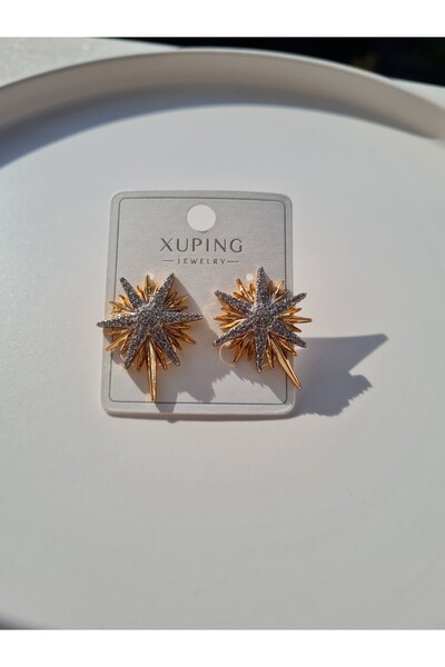 XUPING JEWELRY İki Renkli Yıldız Detaylı Kadın Çelik Küpe