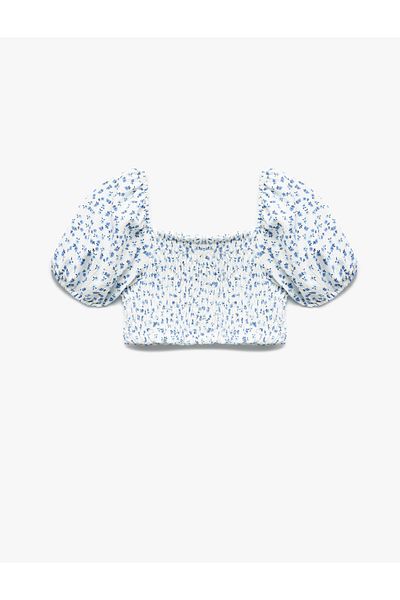 Koton Square Neck Balloon Sleeve Gimped Floral Patterned Crop Blouse