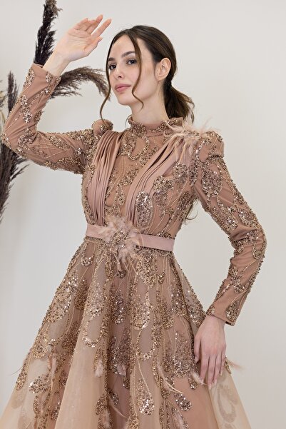 PİENNAR Icon Evening Dress with Tulle Detail on the Shoulders and Waist