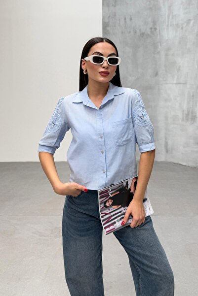 RB CLUB Cămașă de in brodat cu mânecă albastră