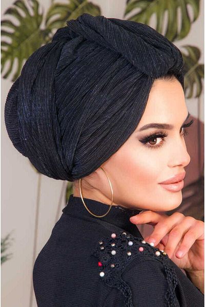 Aişe tesettür Black Pleated Wrapped Shawl Bonnet - 40800