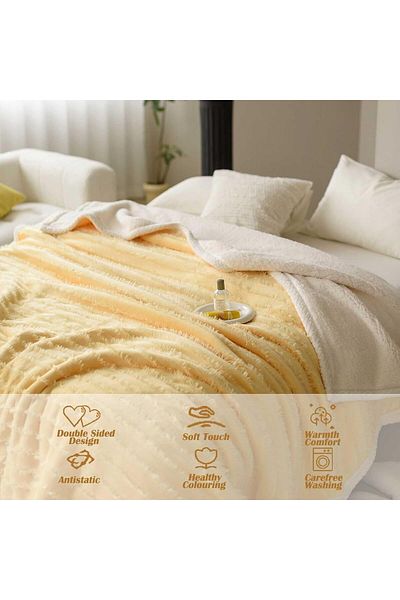 COOYA Soft Warm Fleece Flannel Tassel Throw Blanket, King Size, For Bed Sofa Couch Naps, Yellow 200x230cm