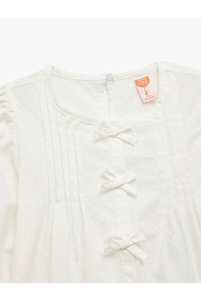 Koton Cotton Ribbon Detailed Long Sleeve Crew Neck Balloon Sleeve Blouse