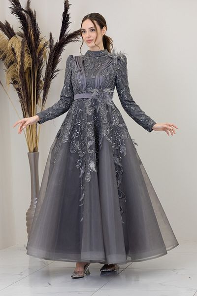 PİENNAR Icon Evening Dress with Tulle Detail on the Shoulders and Waist