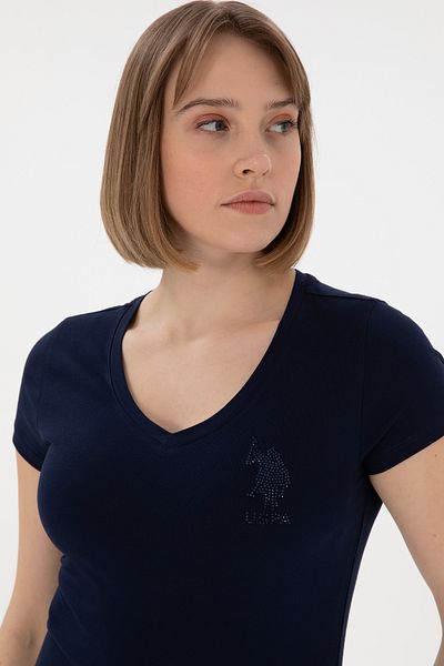 U.S. Polo Assn. Tricou de bază pentru femei, albastru bleumarin, cu decolteu în V 50300828-VR033
