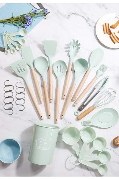 COOYA 33-Pieces Silicone Kitchen Utensils Set, Wooden Handle, Heat Resistance, Nonstick, Gadgets Sets