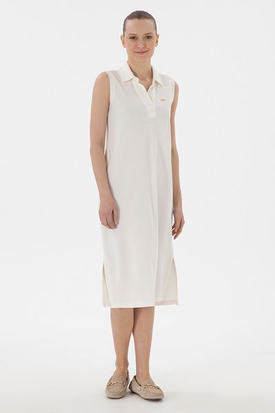 U.S. Polo Assn. Rochie tricotată cu lungime midi, crem, cu gât polo, 50300674-vr071