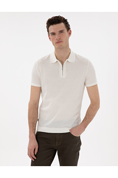 Pierre Cardin تي شيرت تريكو بياقة بولو وسحاب من Ecru Slim Fit 50303605-VR019