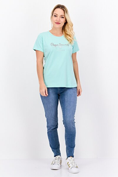 Pepe Jeans تي شيرت نسائي بطبعة جرافيكية بأكمام قصيرة ورقبة دائرية، أخضر