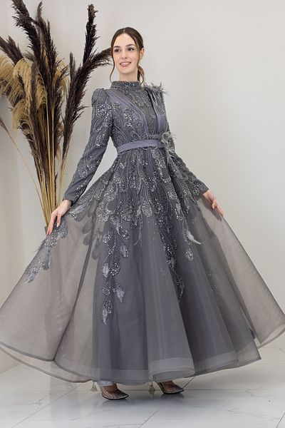 PİENNAR Icon Evening Dress with Tulle Detail on the Shoulders and Waist