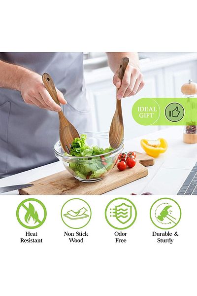 COOYA Wooden Spoons, 7Pcs Natural Teak Non-stick Wooden Utensils for Cooking, High Heat Stirring, Baking