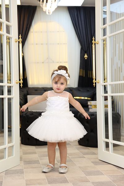 MİSS RAİN Gathered Star Patterned Embroidered Tulle Baby Girl Dress