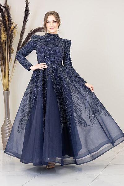 PİENNAR Draped Front Shoulder Beaded Padded Lion Evening Dress