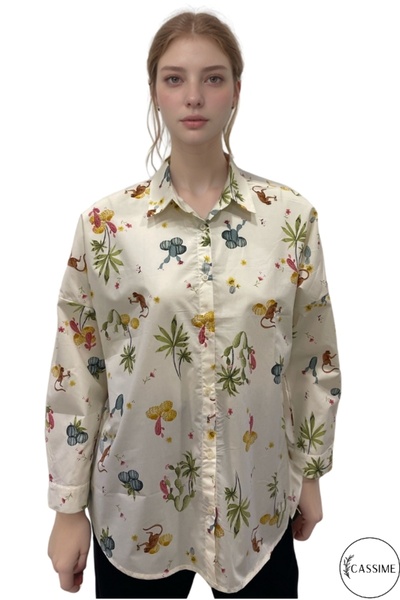 Cassime Жіноча сорочка з довгими рукавами з візерунком «Жінка-мавпа, квітка, природа» з віскози