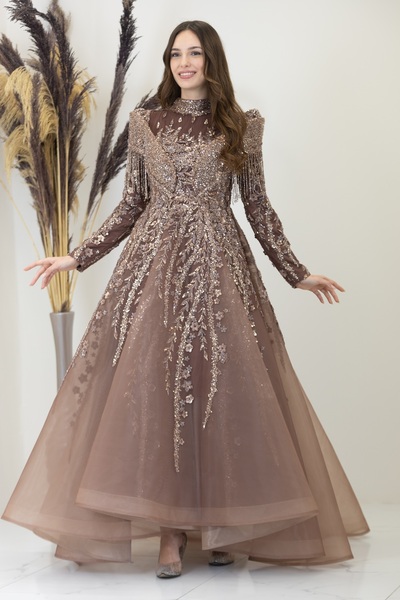 PİENNAR V Shoulders Drape Asel Evening Dress