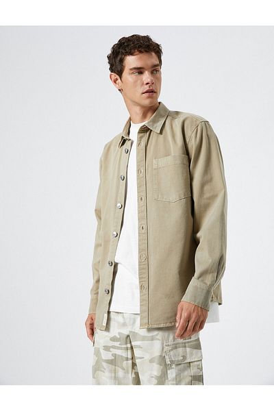 Koton Canvas Shirt Classic Collar Pocket Detailed Buttoned Label Printed Cotton