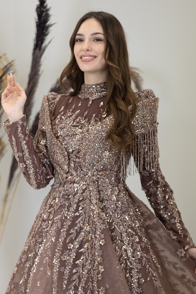 PİENNAR V Shoulders Drape Asel Evening Dress