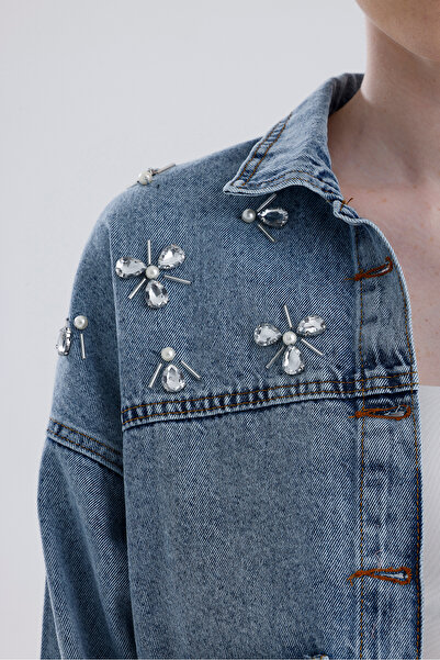 For Angels Double Pocket Jeans Jacket with Stones on the Shoulder
