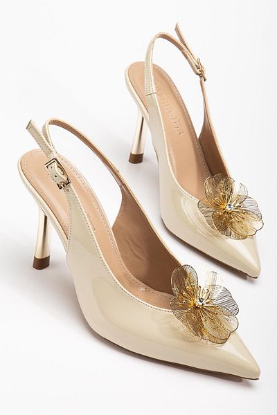 Dilimler Ayakkabı Γυναικείο βραδινό φόρεμα Stiletto Beige λουστρίνι με μεταλλικό λουλούδι αξεσουάρ γαλβανισμένο με τακούνι