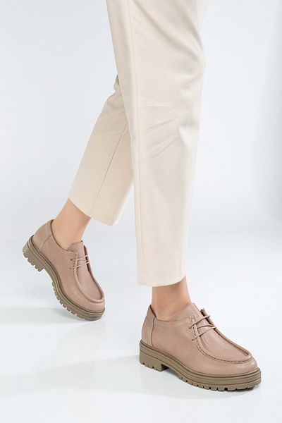 ANALİN SHOES Дамски оксфордски обувки в цвят камък - естествена кожа, дебела подметка и връзки