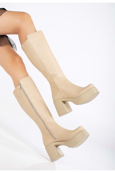 ANALİN SHOES Μπεζ γυναικείες μπότες με τακούνι - γνήσιο δέρμα και χοντρή σόλα