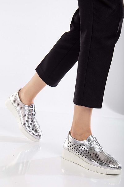 ANALİN SHOES Pantofi confortabili de zi cu zi cu șireturi cu laser din piele naturală de damă - argintiu