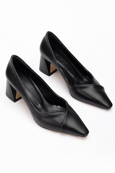 Dilimler Ayakkabı Women's High Heel Shoes Black V-Faced Ribbed Pointed Mold