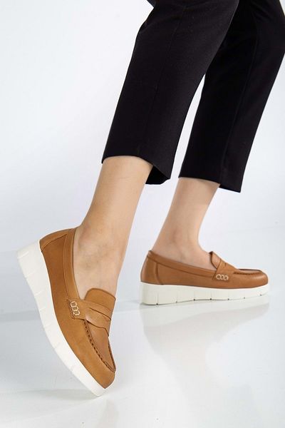 ANALİN SHOES Tan Genuine Leather Comfortable Women's Casual Shoes