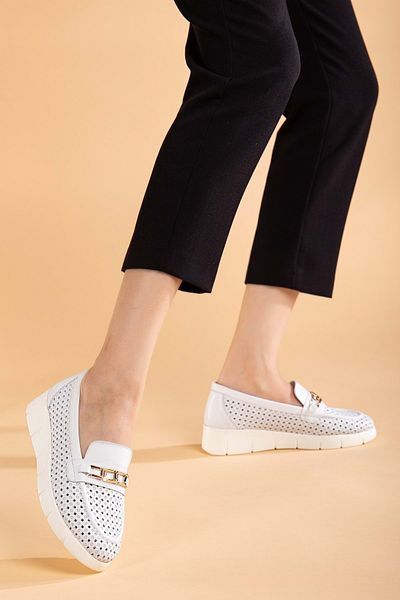 ANALİN SHOES Pantofi confortabili de zi cu zi cu cataramă laser din piele naturală - alb