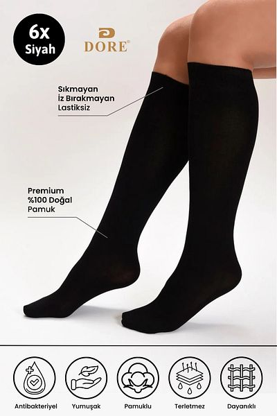 Dore Premium Knee-Length Cotton Combed - Black Women's Socks 6 Pairs Seamless Skin-Free Below Knee