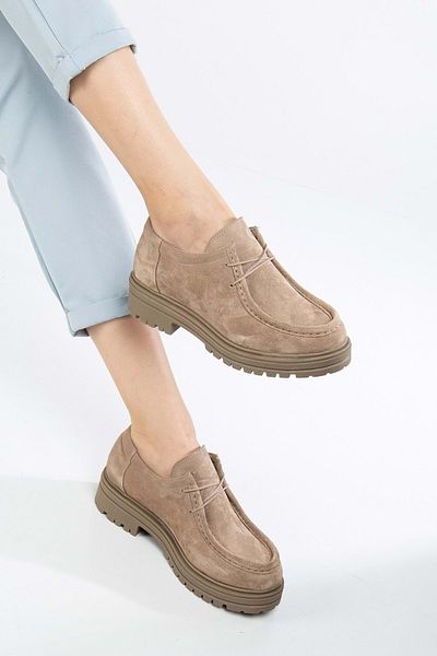 ANALİN SHOES Чехли от естествена кожа и велур от оксфорд - дебела подметка и връзки