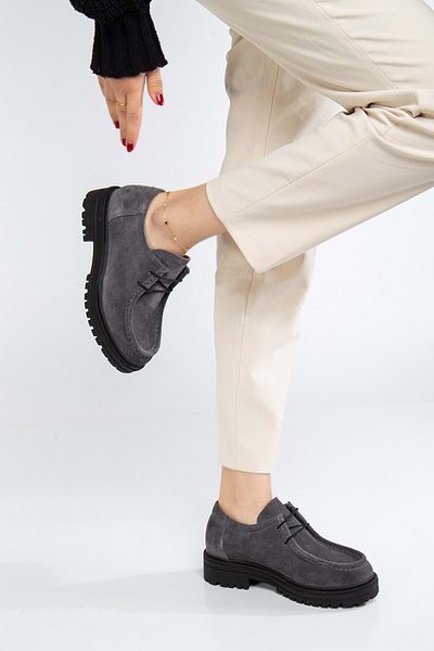 ANALİN SHOES Pantofi Oxford de damă din piele intoarsa gri - piele naturala, talpa groasa si siret