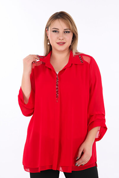 KİFAYET 23015 Yaka Ucu ve Ön Patı Taşlı 3/4 Kol Şifon Gömlek (C101)