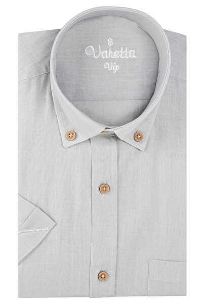 Varetta Erkek Ekru Kısa Kollu Keten Efektli Cepli Yazlık Trend Pamuklu Gömlek