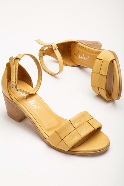 ANALİN SHOES Piele naturală galbenă - Sandale cu toc pentru femei cu curele la gleznă