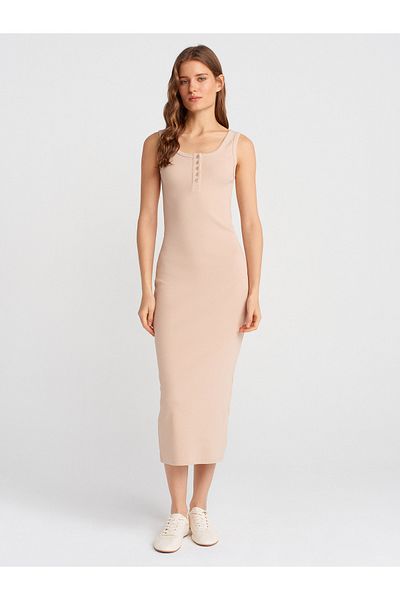 Dilvin Rochie Midi Mi hu – Bej deschis, 91382 Stil cu detaliu nasture.