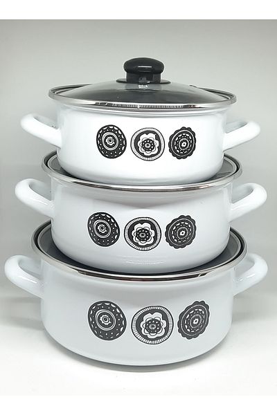 Avşar Enamel Evi̇m 20-22-24 cm Diameter 1750-2.5-3250 ml Black Flowers Enamel Pot Set