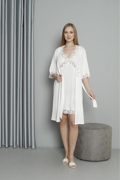 Espuar 925 Embroidered Combed Cotton 2 Piece Nightgown Dressing Gown Set