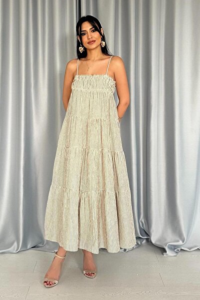 ZISHAN Καλοκαιρινό φόρεμα από λινό ύφασμα με λουράκι με ρίγες Gipe 4201