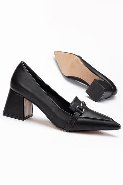 Dilimler Ayakkabı Women's Heeled Shoes Black Pointed Buckle Thick Heels