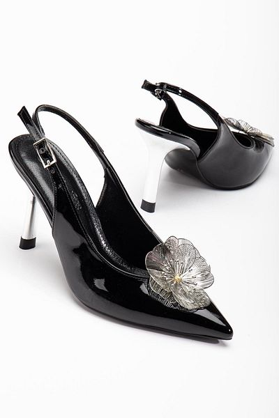 Dilimler Ayakkabı Women's Evening Dress Stiletto Black Patent Leather Metal Flower Accessory Galvanized Heel Coated