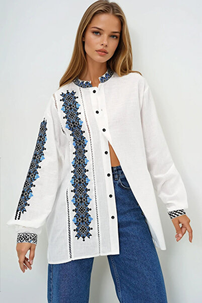 VAGGON Women's Ecru Judge Collar Embroidered Linen Shirt Prmx13716