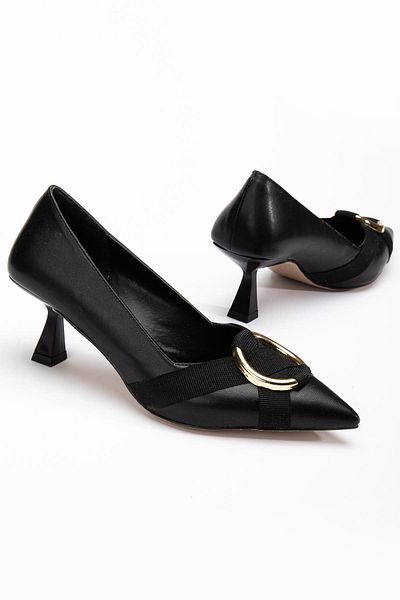 Dilimler Ayakkabı Black Ring Buckle Women's Heeled Shoes