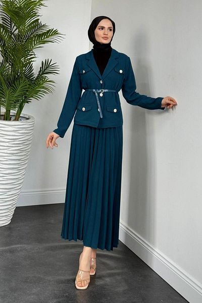 MERVEN AKYÜZ Petrol Green Elina Blazer Pleated Ettak Suit