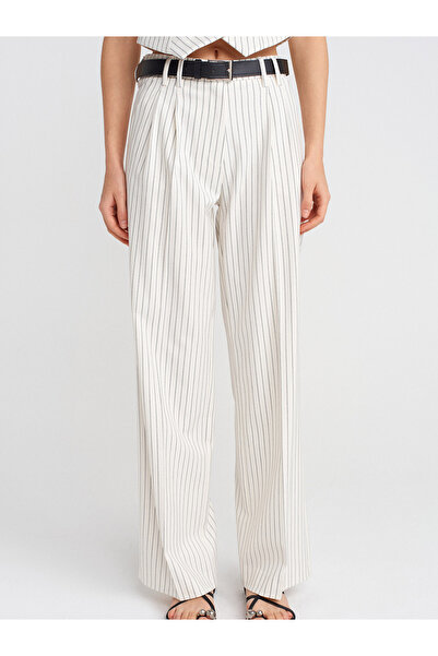 Dilvin 71620 Belted and Wide Leg Fabric Trousers-White