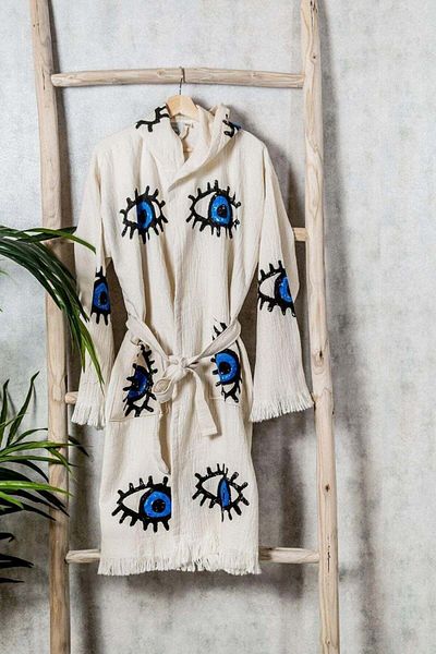 Cassime Halat de baie cu glugă cu model Evil Eye - 100% bumbac muselină caftan, cu detaliu de piatră