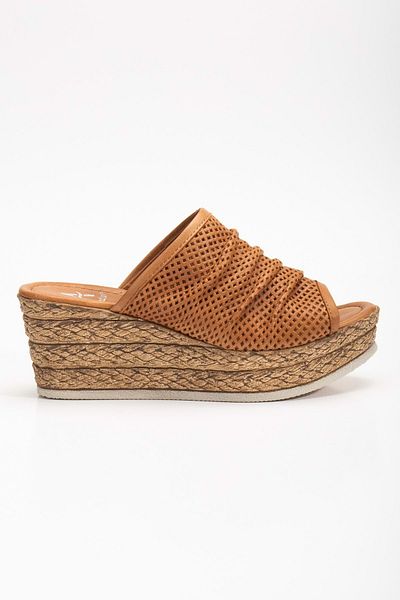 ANALİN SHOES Genuine Leather Women's Wedge Heel Slippers - Tan