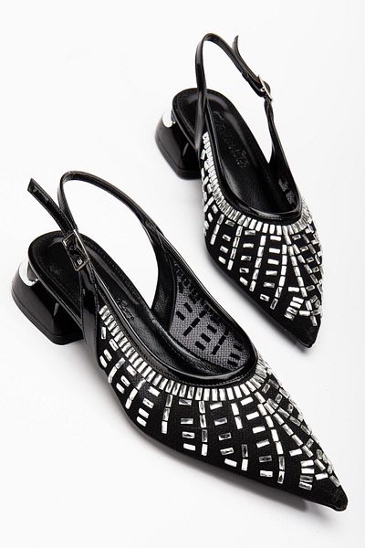 Dilimler Ayakkabı Women's Evening Dress Shoes - Short Heeled Black Mesh Stone Upholstery