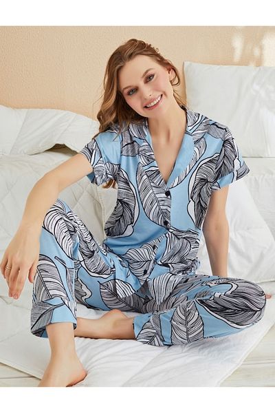 JENİKA Set pijama de damă cu nasturi cu model de frunze albastre