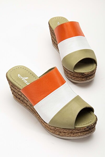 ANALİN SHOES Γυναικείες παντόφλες με τακούνι από γνήσιο δέρμα Πράσινο/Λευκό/Πορτοκαλί